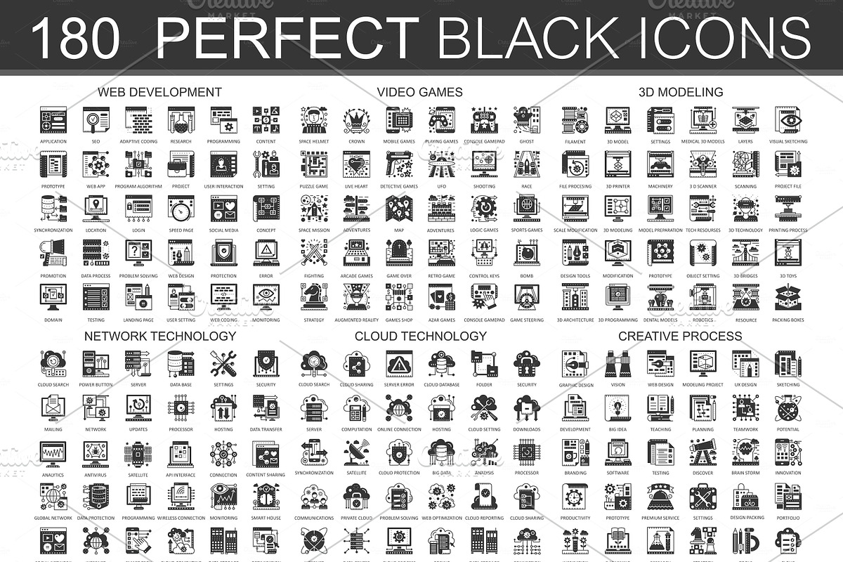 180 Black complex icons in Server Icons - product preview 8