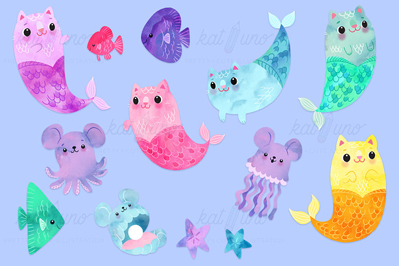Adorable Mer-kitty Clip Art in Illustrations - product preview 1