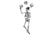 Skeleton juggles skulls engraving