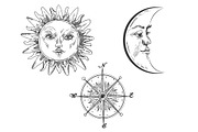 Sun and moon with face engraving