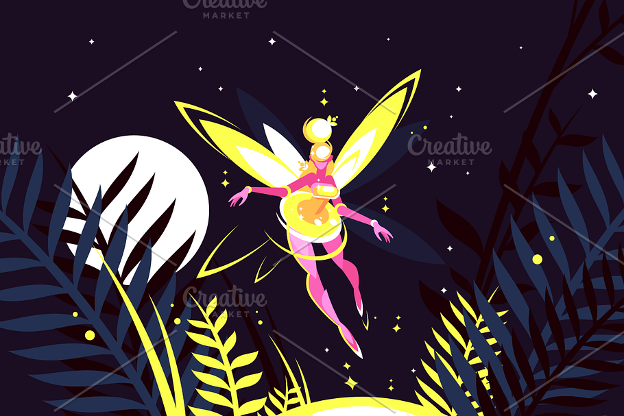 Fairy flying in night forest