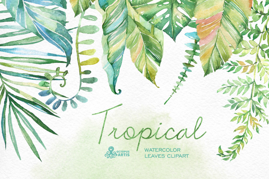 Tropical watercolor leaves in Objects - product preview 8