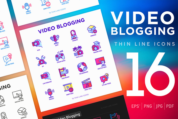 Video Blogging | 16 Thin Line Icons