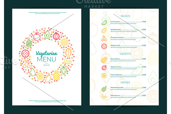 Vector line fruits icons vegan cafe