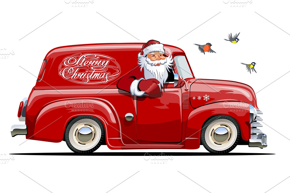 Cartoon retro Christmas van with in Illustrations - product preview 8