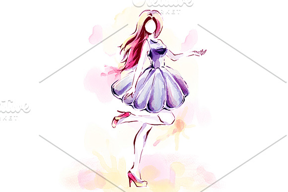 Watercolor painting, elegant girl in Illustrations - product preview 2