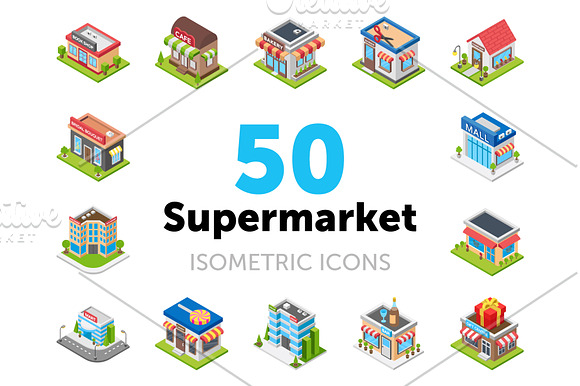 50 Supermarket Shops Isometric Icons in Icons - product preview 3