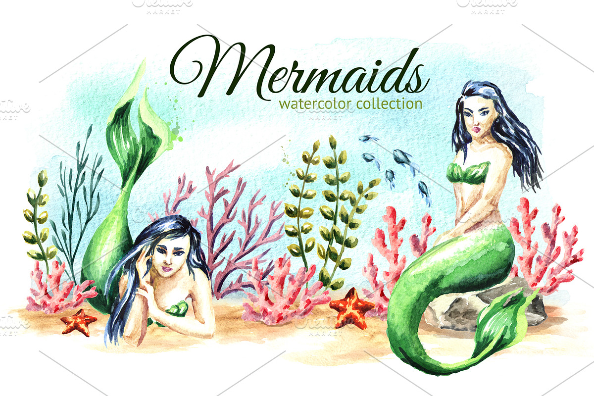Mermaids. Watercolor collection in Illustrations - product preview 8