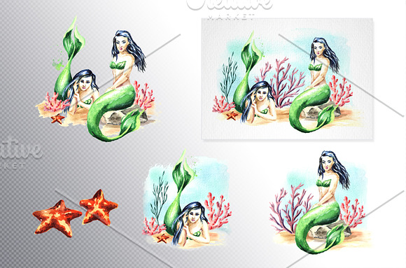 Mermaids. Watercolor collection in Illustrations - product preview 1