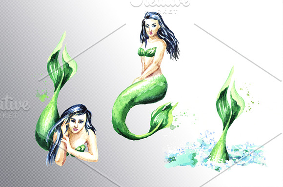 Mermaids. Watercolor collection in Illustrations - product preview 2