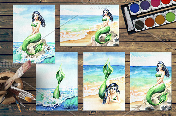 Mermaids. Watercolor collection in Illustrations - product preview 4