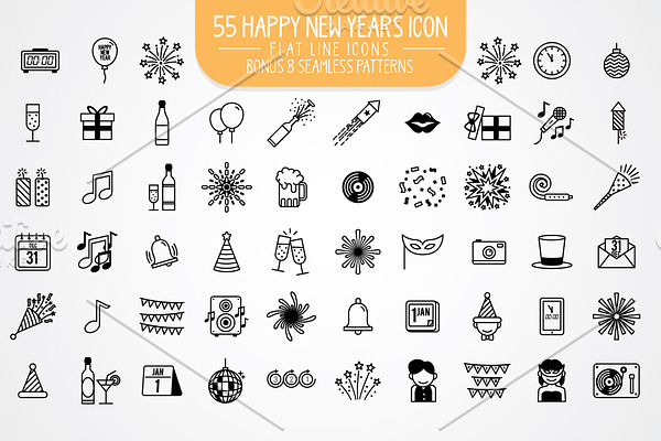 55 Happy New Year Flat line Icons
