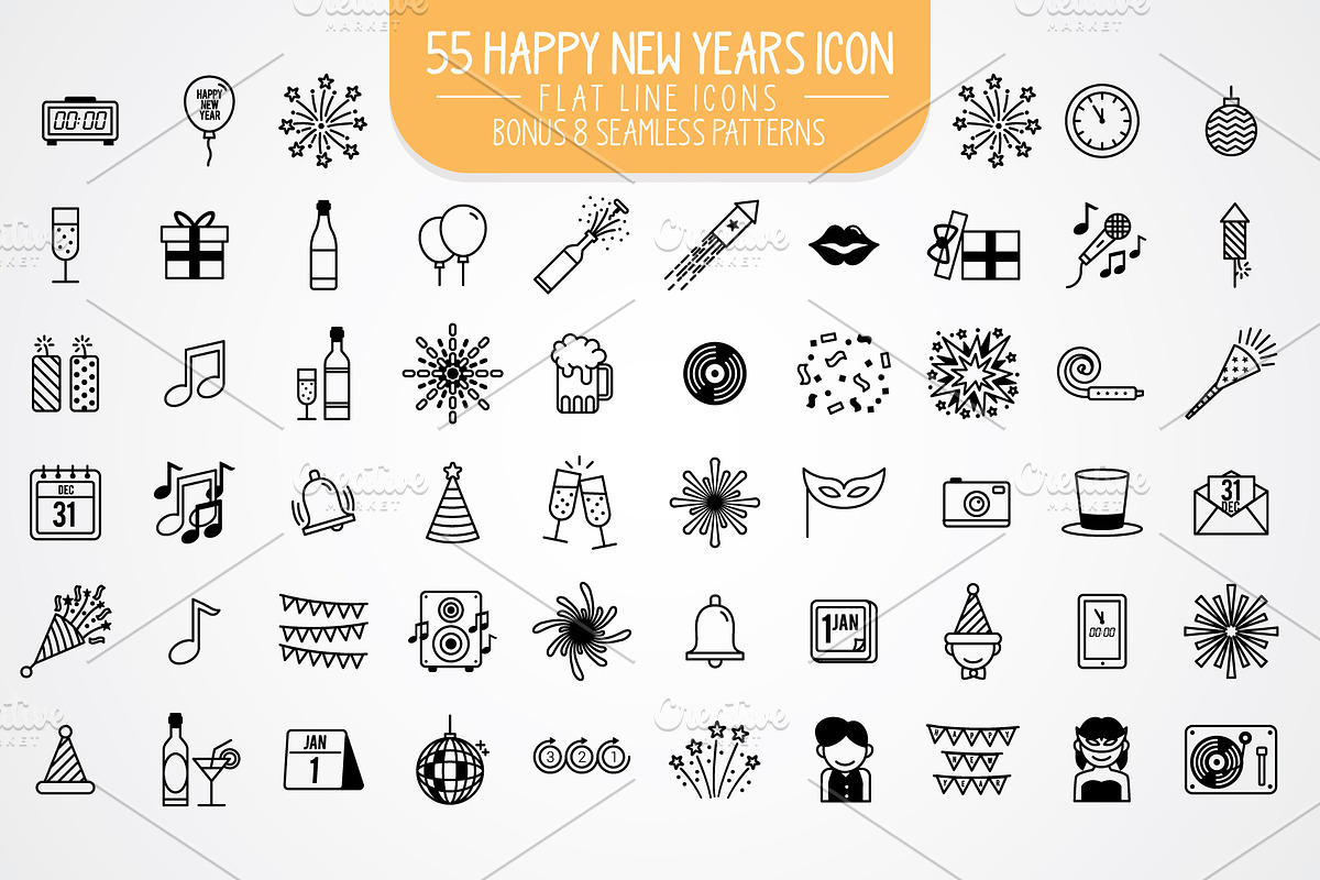 55 Happy New Year Flat line Icons in Icons - product preview 8