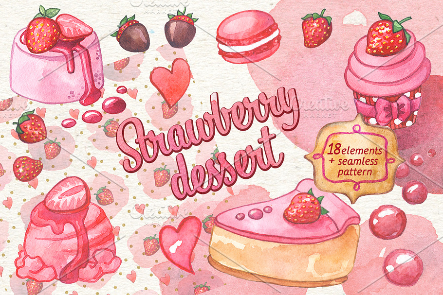 Strawberry dessert watercolor set