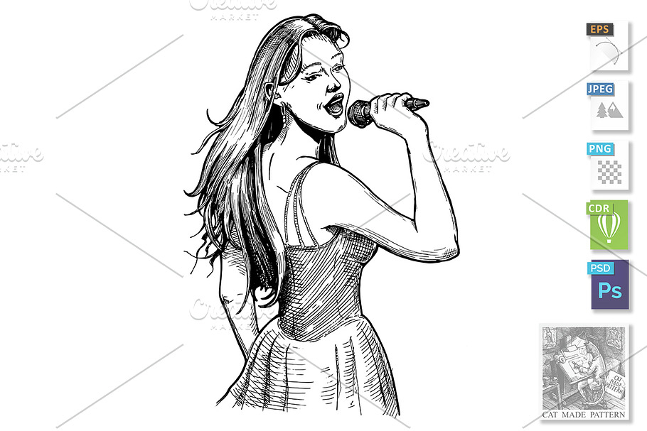 Vintage illustration of girl singer in Illustrations - product preview 8