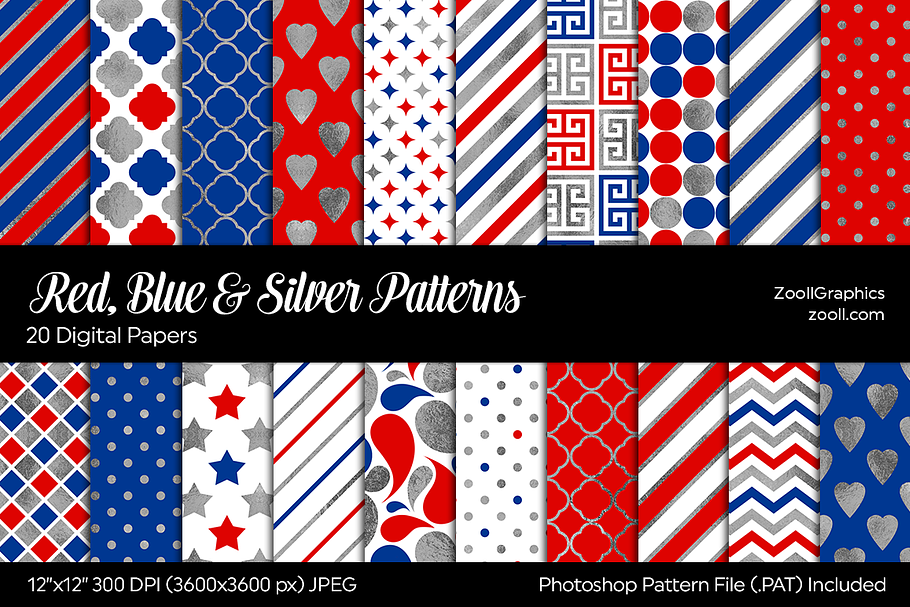 Red, Blue & Silver Digital Papers in Patterns - product preview 8