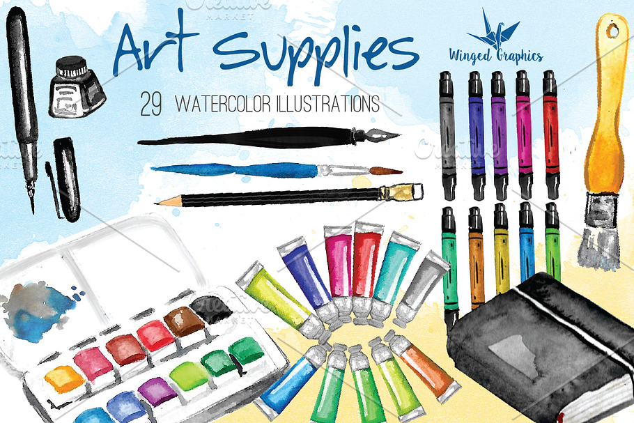 Watercolor art supplies illustration in Illustrations - product preview 8