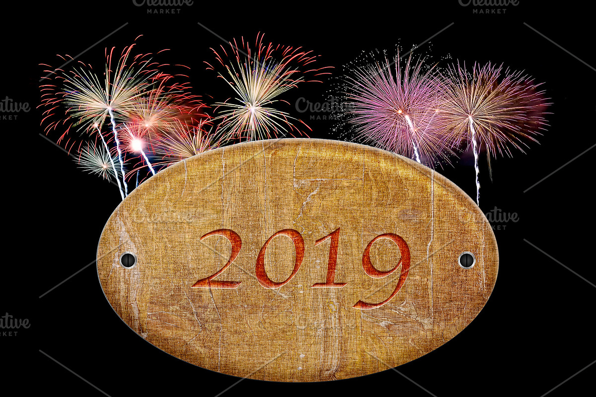 Wooden sign of 2019 with fireworks. in Illustrations - product preview 8