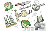 Italian tableware cartoon doodle set