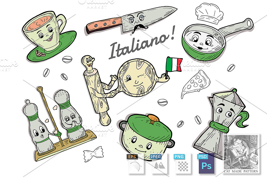 Italian tableware cartoon doodle set in Illustrations - product preview 8