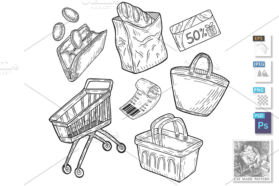 supermarket shopping groceries set in Illustrations - product preview 8