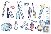 Cute girlish makeup items icons set