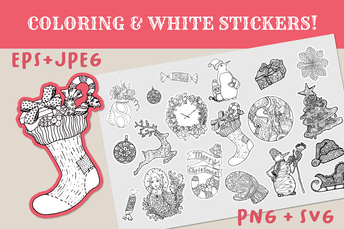 Christmas Coloring + White Stickers in Illustrations - product preview 8