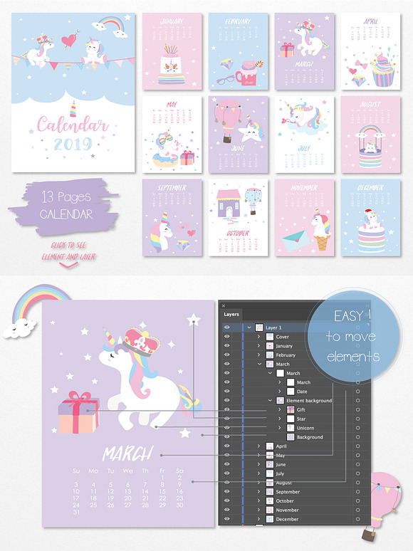 Adorable animal calendar 3# 2019 in Illustrations - product preview 2