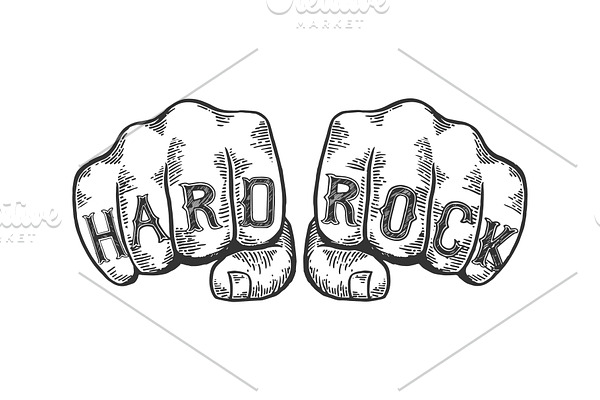 Hard rock words fist tattoo vector