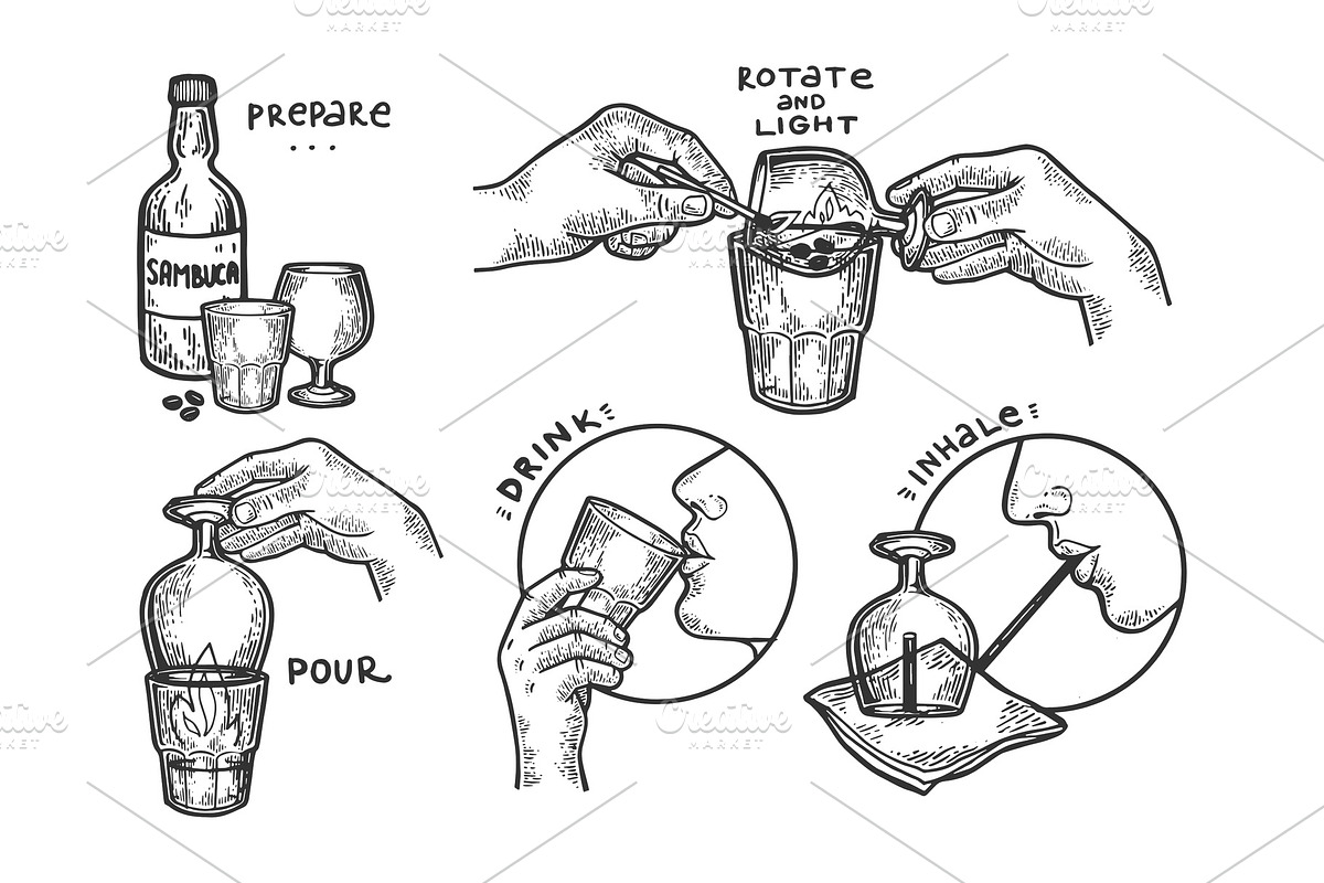 Sambuca drink instructions engraving in Illustrations - product preview 8