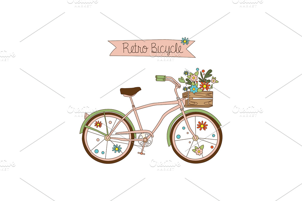 Retro bicycle with a basket of in Illustrations - product preview 8