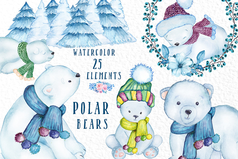 Watercolor Polar Bears clipart