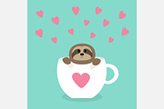 Sloth sitting in coffee cup. Hearts.