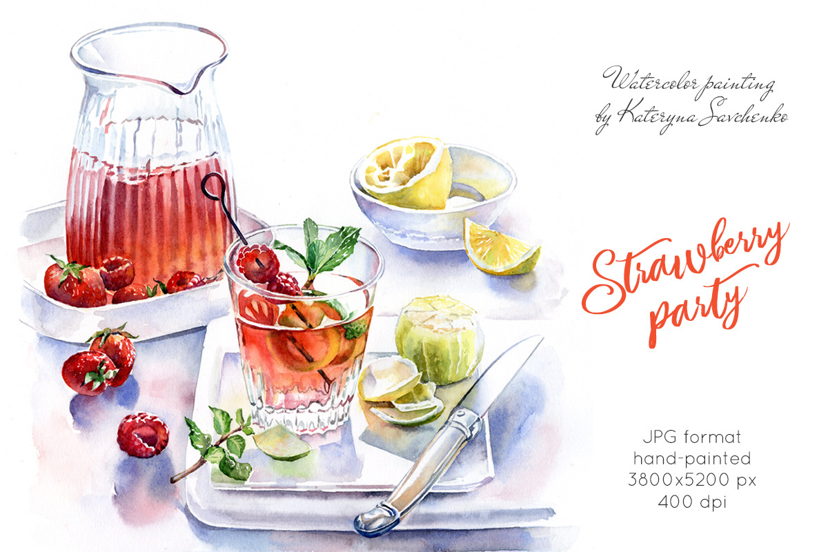 Strawberry Party Drink. Watercolor in Graphics - product preview 8