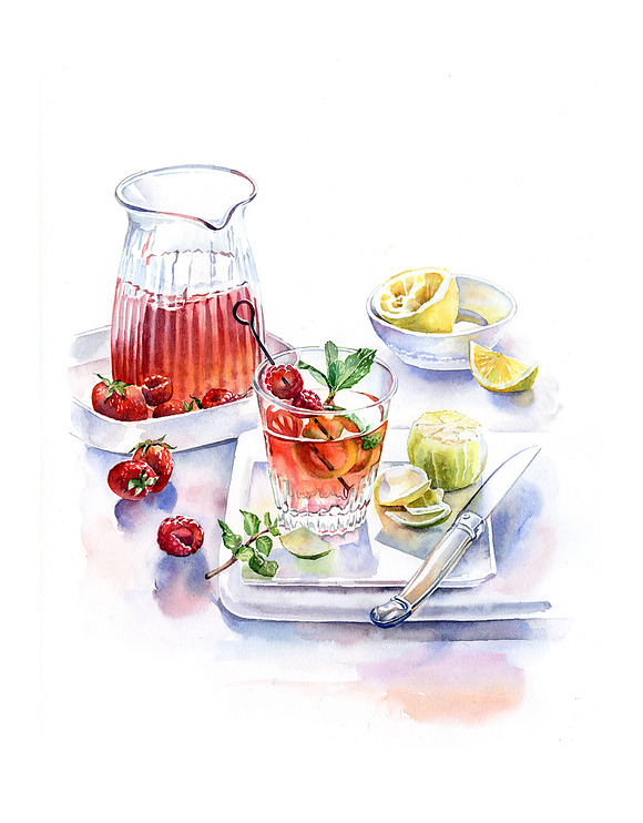 Strawberry Party Drink. Watercolor in Graphics - product preview 1