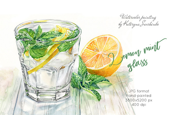 Lemon Mint Glass. Watercolor drink