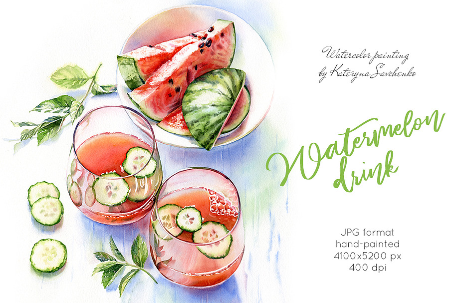Watermelon Drink. Watercolor food in Graphics - product preview 8