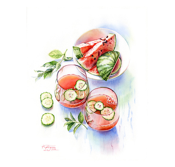 Watermelon Drink. Watercolor food in Graphics - product preview 1