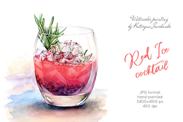 Red Ice Cocktail. Watercolor drink
