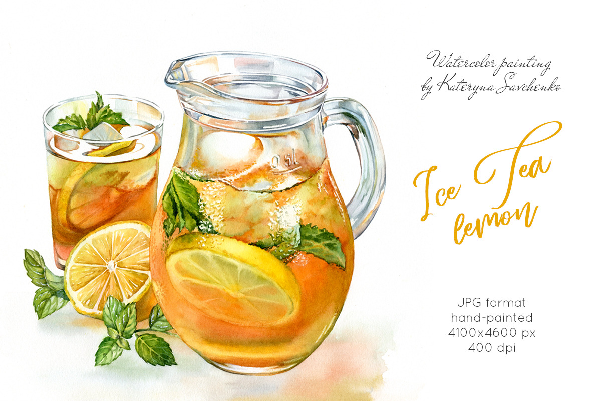 Ice Tea Lemon. Watercolor drink in Graphics - product preview 8