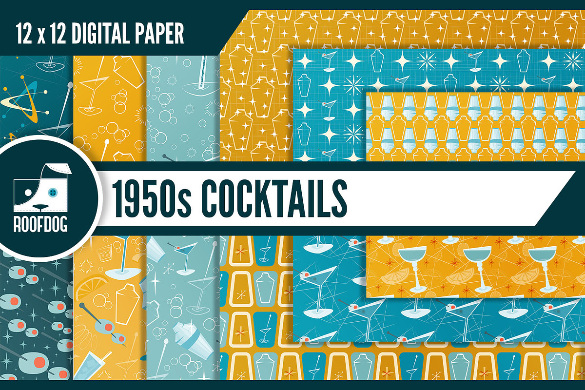 1950s Cocktail themed digital paper in Patterns - product preview 8