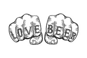 Love beer words fist tattoo vector