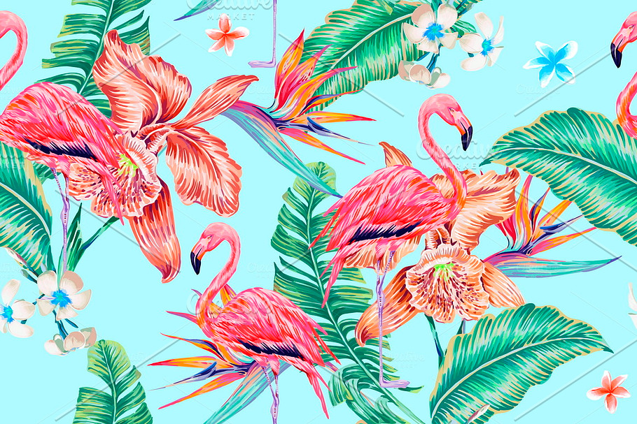 Tropical flowers,flamingo pattern in Patterns - product preview 8