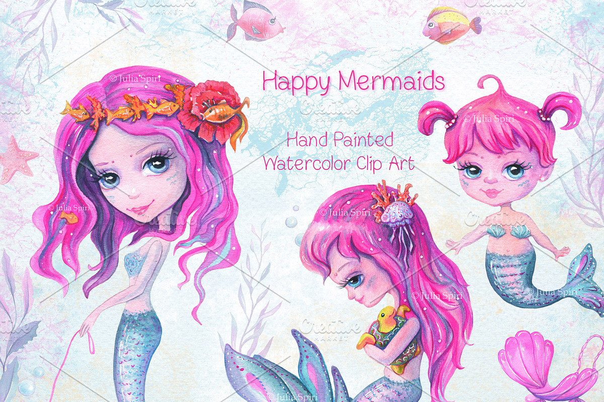 Watercolor Mermaids Clip Art in Illustrations - product preview 8