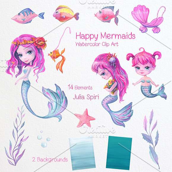 Watercolor Mermaids Clip Art in Illustrations - product preview 1