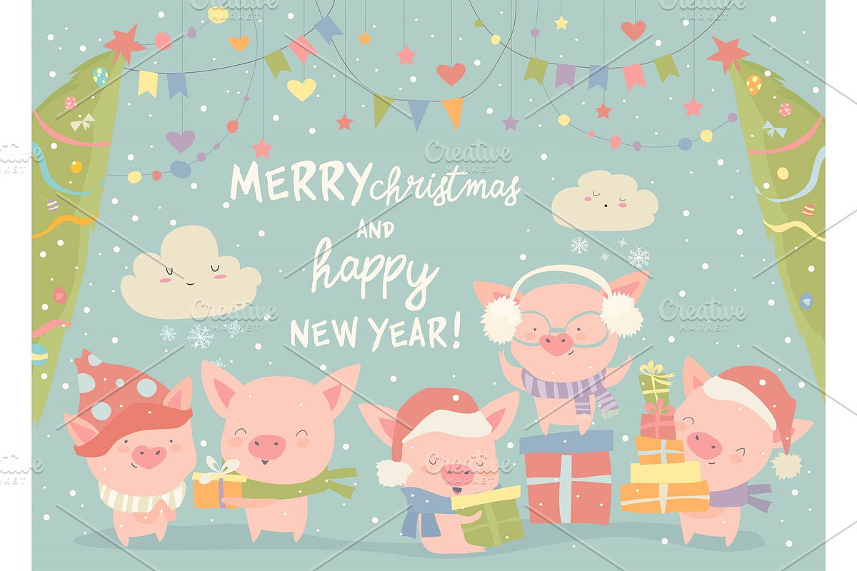Funnycartoon pigs with Christmas in Objects - product preview 8