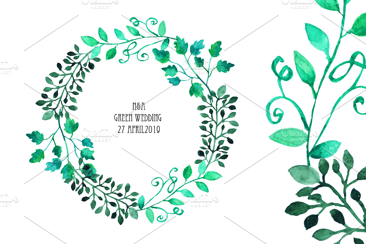 Watercolor Wreath & Green Leaves in Illustrations - product preview 8