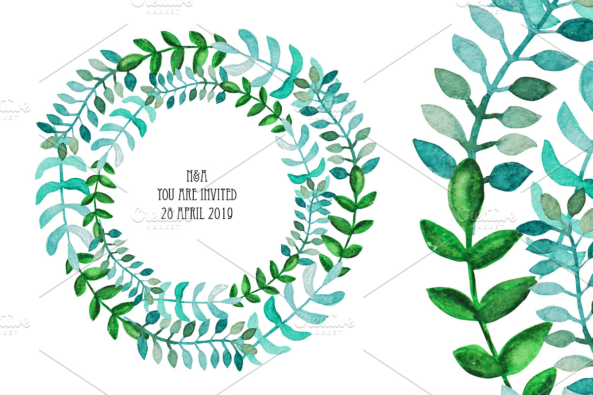 Watercolor Wreath & Green Leaves(1) in Illustrations - product preview 8
