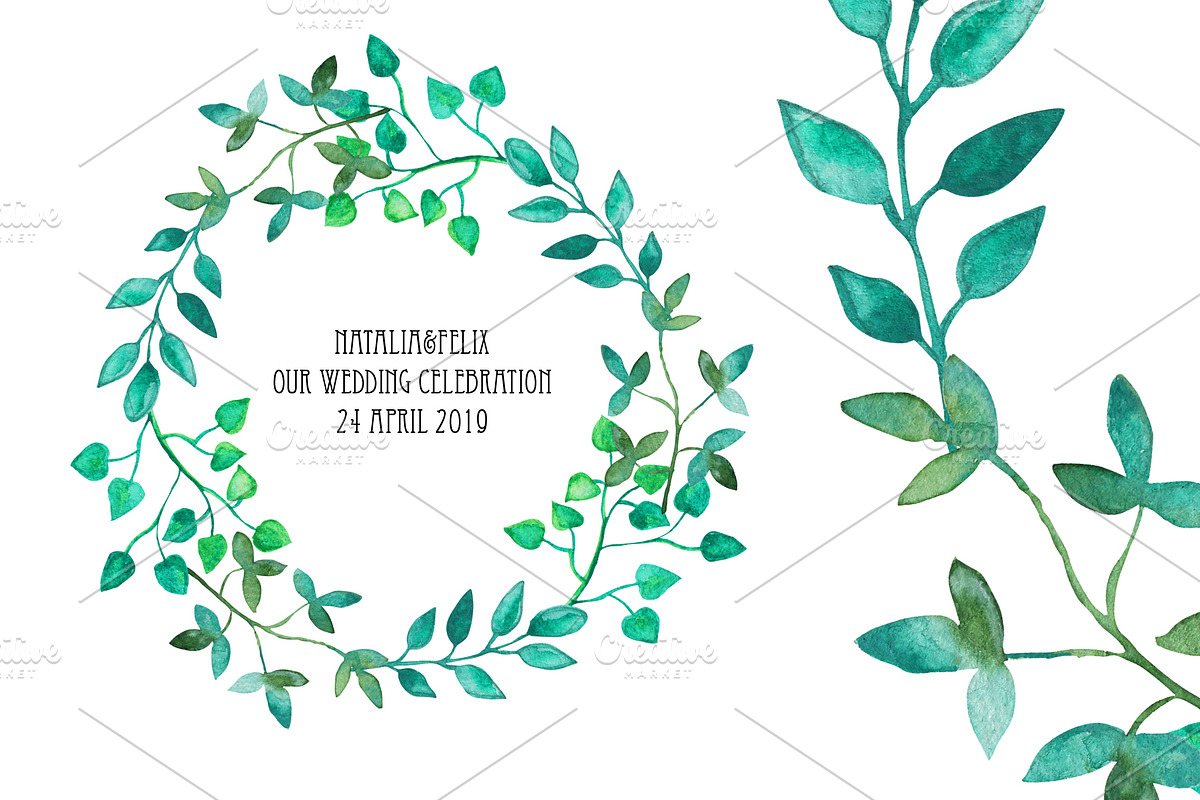 Watercolor Wreath & Green Leaves(3) in Illustrations - product preview 8