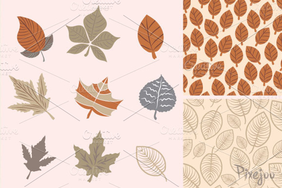 Leafs Clipart with Seamless Patterns